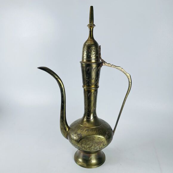 Vintage Etched Brass Botanical Pitcher Ewer Tea Pot Hinged Lid Made in India 12" - Picture 1 of 12